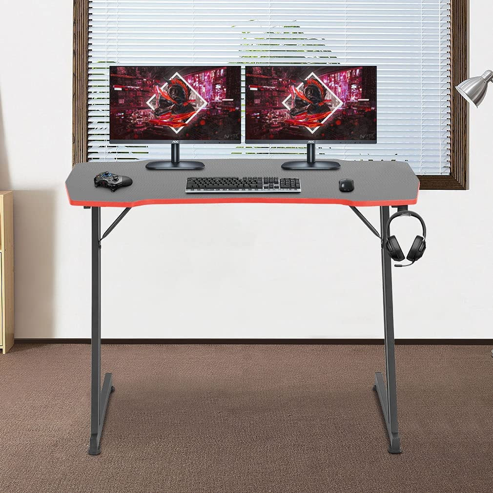 39 Inch Z Shaped Ergonomic Gaming Desk PC Computer Desk with Headphone Hook for Game Players,Red