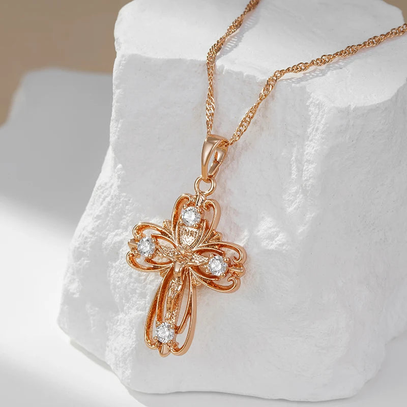 Hot 585 Rose Gold Color Orthodox Church Cross Pendant Necklace for Women Natural Zircon Accessories Crucifix Jesus Jewelry