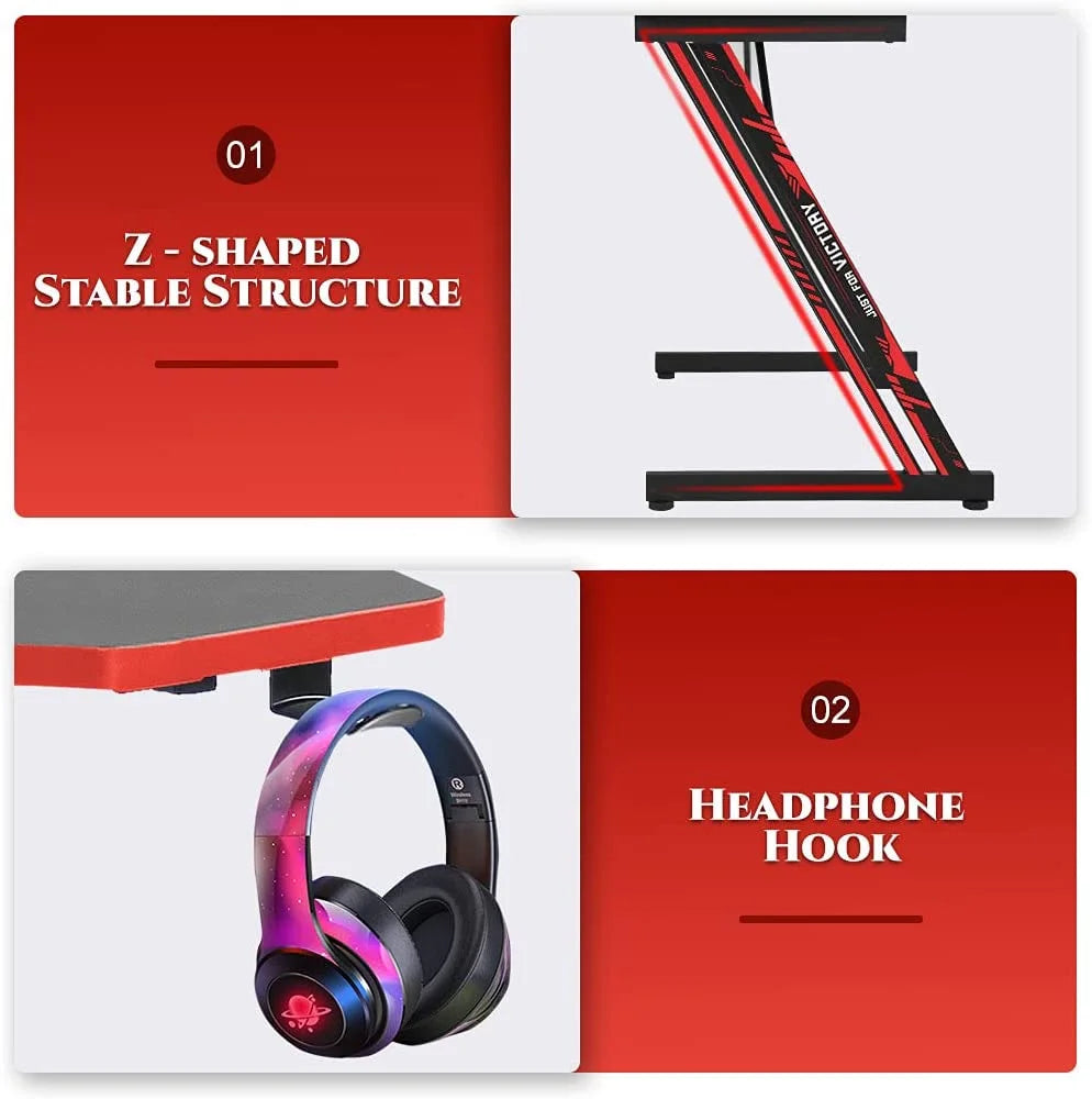 39 Inch Z Shaped Ergonomic Gaming Desk PC Computer Desk with Headphone Hook for Game Players,Red