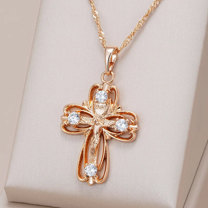 Hot 585 Rose Gold Color Orthodox Church Cross Pendant Necklace for Women Natural Zircon Accessories Crucifix Jesus Jewelry