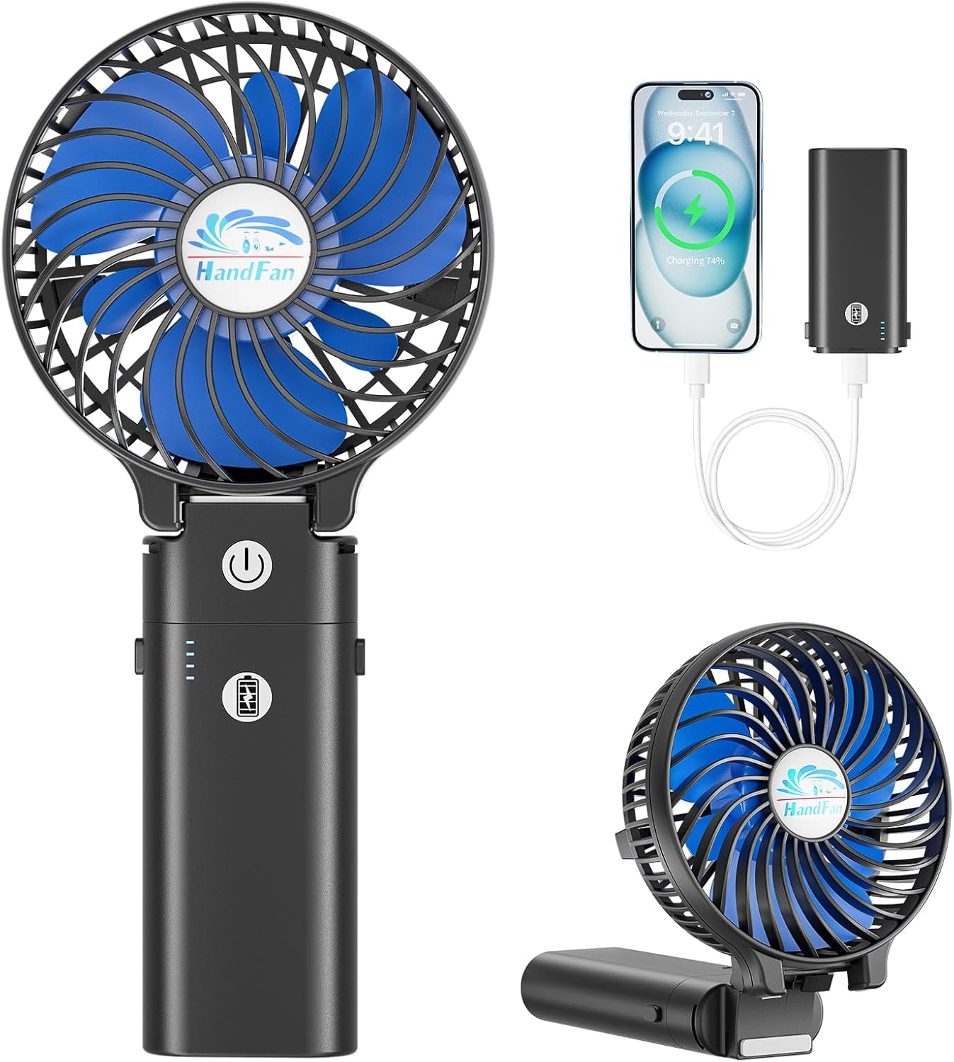 5200Mah Portable Handheld Fan Rechargeable with Power Bank-3 Speeds Foldable Personal Cooling, 2-IN-1 Hand Held Fan Battery Operated, 20H Runtime for Travel/Summer/Concerts/Women (Black&Blue)