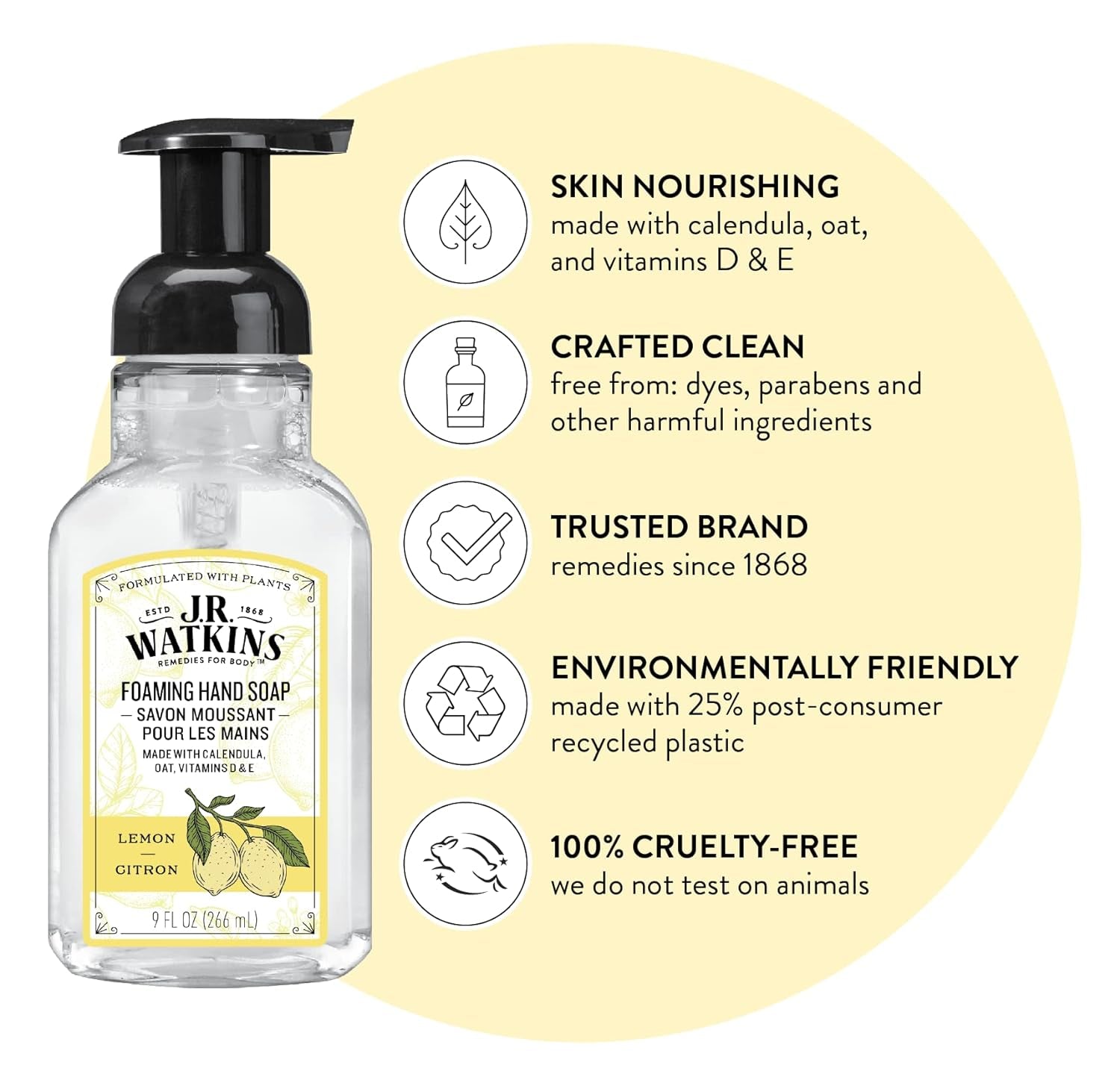 Foaming Hand Soap with Pump Dispenser, Moisturizing Foam Hand Wash, All Natural, Alcohol-Free, Cruelty-Free, USA Made, Lemon, 9 Fl Oz, 3 Pack