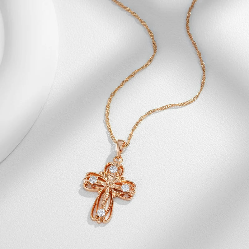 Hot 585 Rose Gold Color Orthodox Church Cross Pendant Necklace for Women Natural Zircon Accessories Crucifix Jesus Jewelry