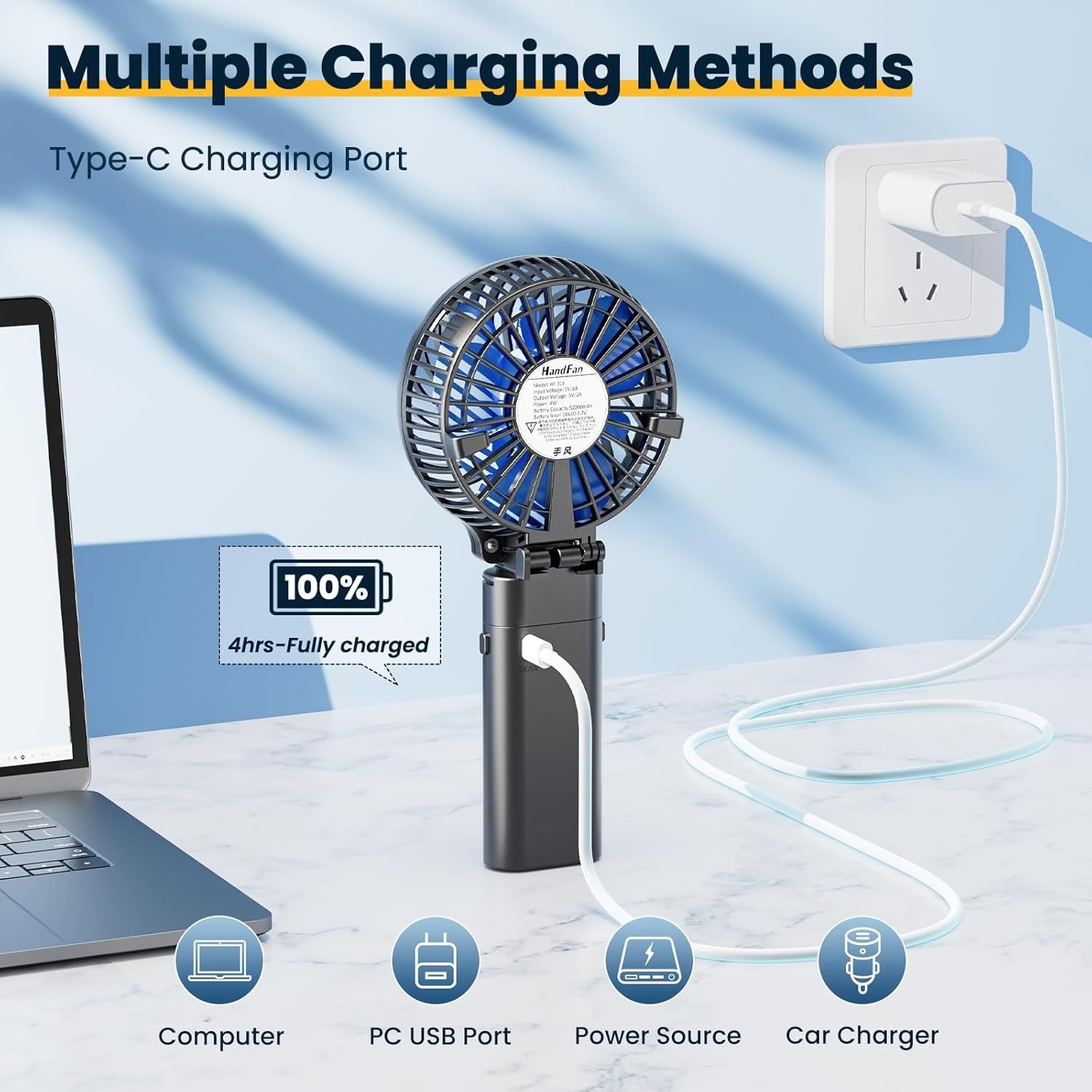 5200Mah Portable Handheld Fan Rechargeable with Power Bank-3 Speeds Foldable Personal Cooling, 2-IN-1 Hand Held Fan Battery Operated, 20H Runtime for Travel/Summer/Concerts/Women (Black&Blue)