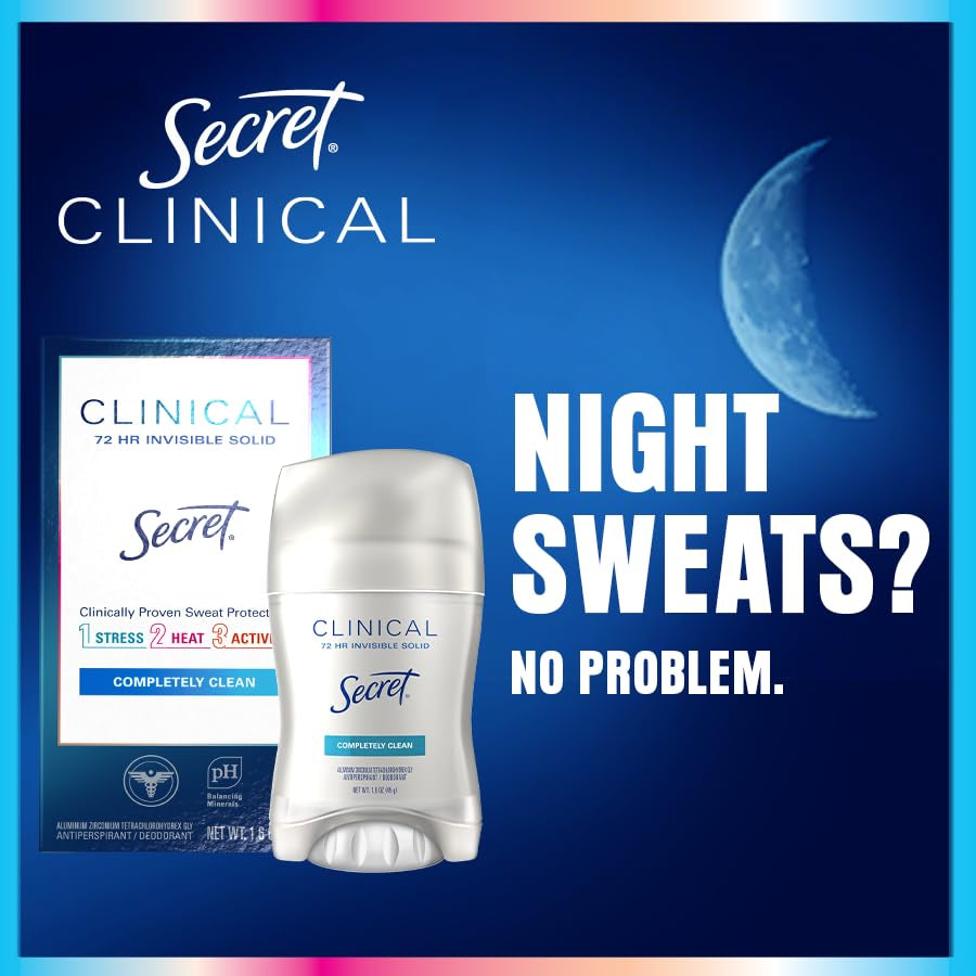 Clinical Strength Antiperspirant Deodorant for Women, 3X Stress Protection, 72Hr Sweat & Odor Protection, PH Balancing Minerals, Invisible Solid, Completely Clean Scent, 2.6 Oz