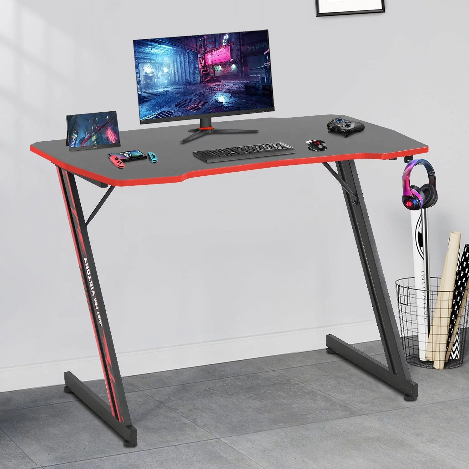 39 Inch Z Shaped Ergonomic Gaming Desk PC Computer Desk with Headphone Hook for Game Players,Red