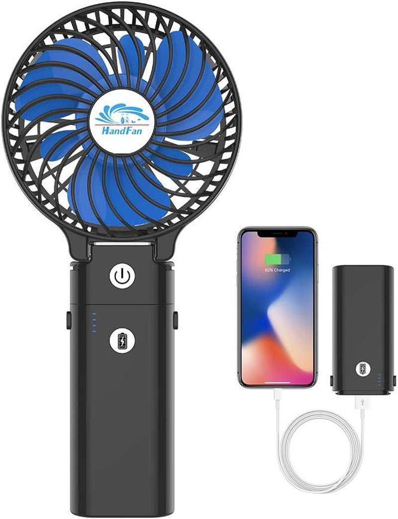 5200Mah Portable Handheld Fan Rechargeable with Power Bank-3 Speeds Foldable Personal Cooling, 2-IN-1 Hand Held Fan Battery Operated, 20H Runtime for Travel/Summer/Concerts/Women (Black&Blue)