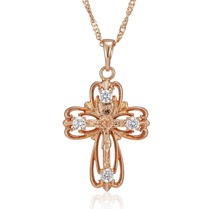 Hot 585 Rose Gold Color Orthodox Church Cross Pendant Necklace for Women Natural Zircon Accessories Crucifix Jesus Jewelry