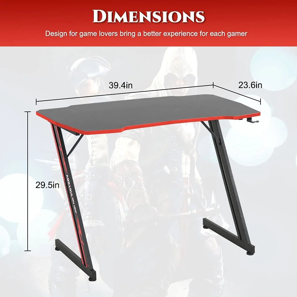 39 Inch Z Shaped Ergonomic Gaming Desk PC Computer Desk with Headphone Hook for Game Players,Red