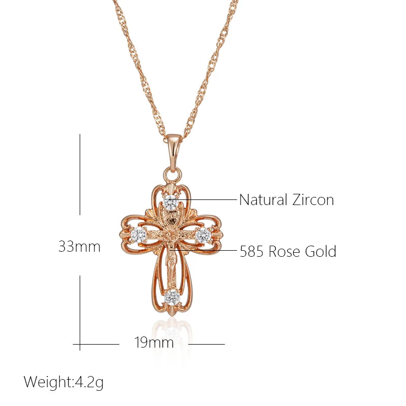 Hot 585 Rose Gold Color Orthodox Church Cross Pendant Necklace for Women Natural Zircon Accessories Crucifix Jesus Jewelry