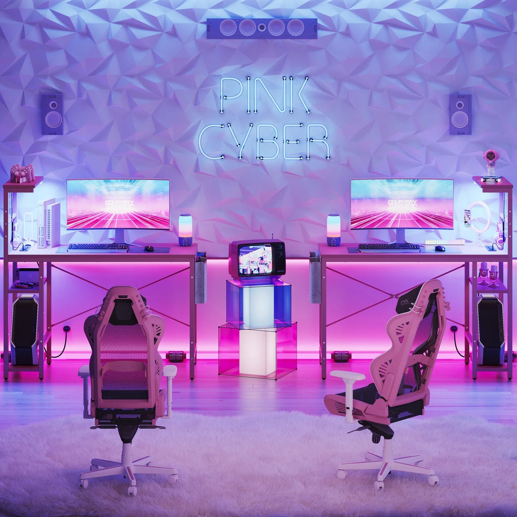 44.3 Inch LED Gaming Desk with Outlets & USB Ports Computer Desk with Storage Shelves in Pink Carbon Fiber