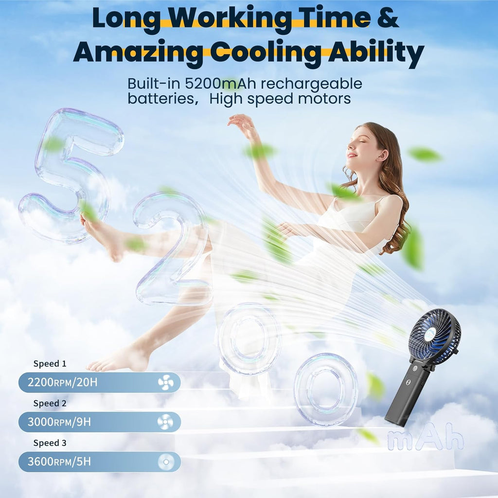 5200Mah Portable Handheld Fan Rechargeable with Power Bank-3 Speeds Foldable Personal Cooling, 2-IN-1 Hand Held Fan Battery Operated, 20H Runtime for Travel/Summer/Concerts/Women (Black&Blue)