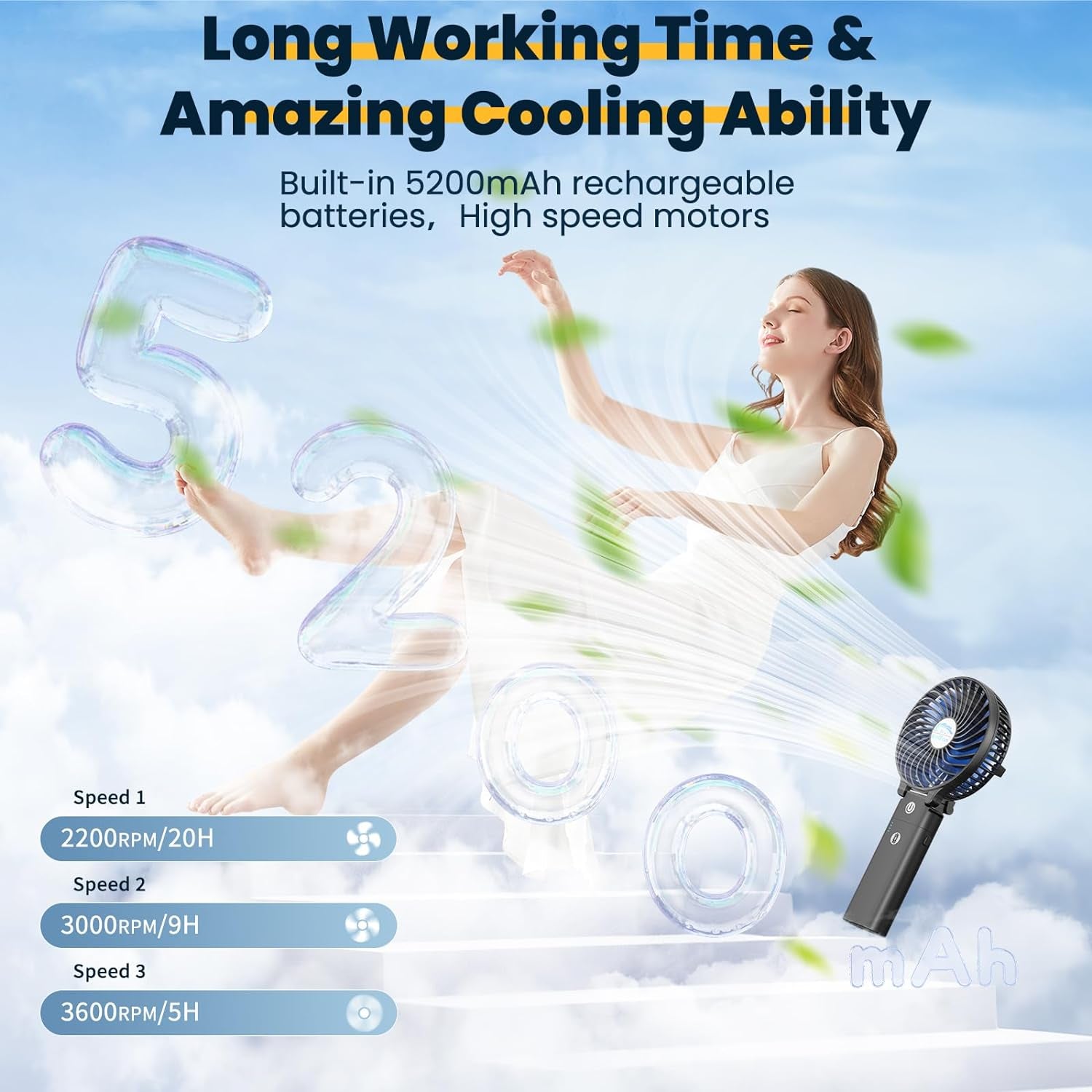 5200Mah Portable Handheld Fan Rechargeable with Power Bank-3 Speeds Foldable Personal Cooling, 2-IN-1 Hand Held Fan Battery Operated, 20H Runtime for Travel/Summer/Concerts/Women (Black&Blue)
